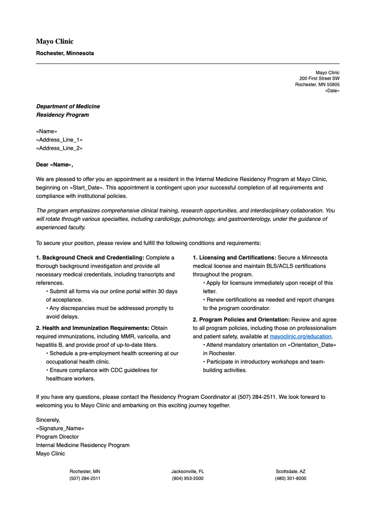 Personalized Mayo Clinic residency acceptance letter template_variant_2